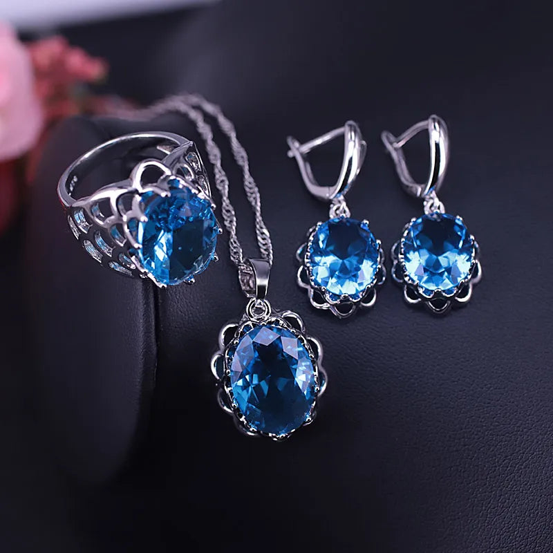 Silver 925 Jewelry Set Necklace Earrings Ring Many Colors