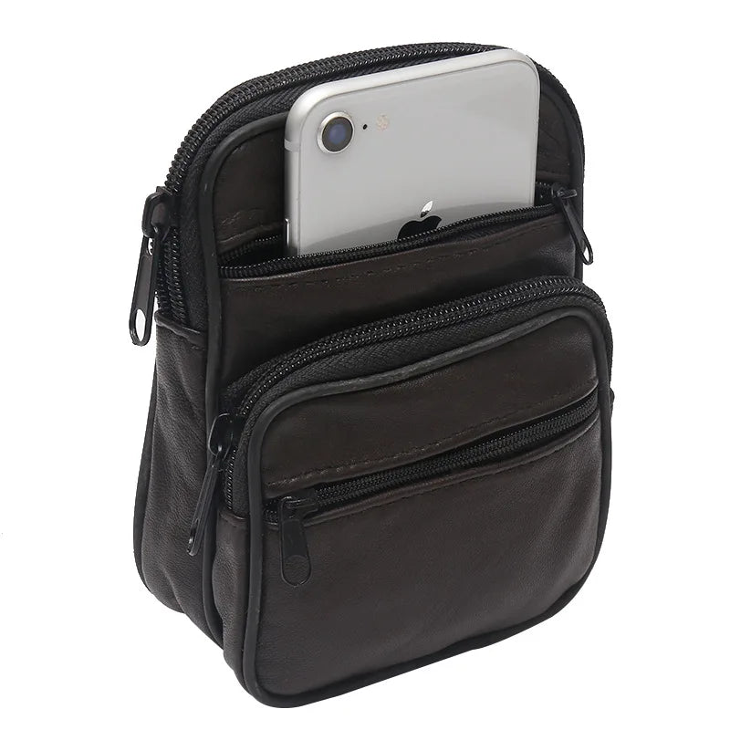 Men's Waterproof Mobile Phone Waist Bag Leather Belt Sheepskin
