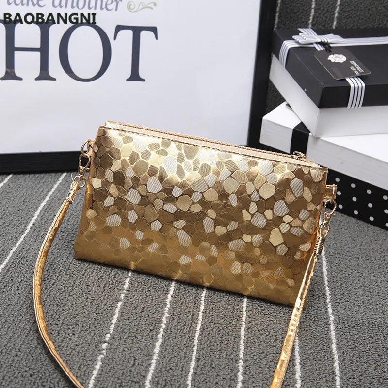 Laser Pu Crossbody Shoulder Bag for Women Golden Silver Clutch Zip Bag