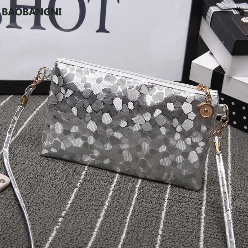 Laser Pu Crossbody Shoulder Bag for Women Golden Silver Clutch Zip Bag