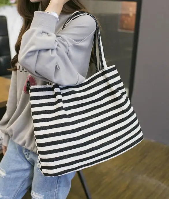 Striped Canvas Handbag Large Capacity Shoulder Baby Bag