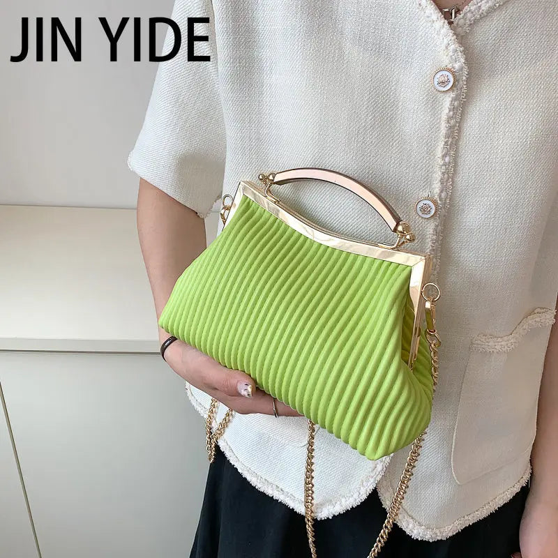 Mental Handle Pleated Shell Bag for Women Clutch Purses Crossbody Bag