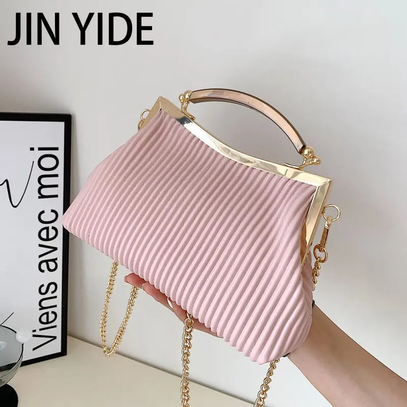 Mental Handle Pleated Shell Bag for Women Clutch Purses Crossbody Bag