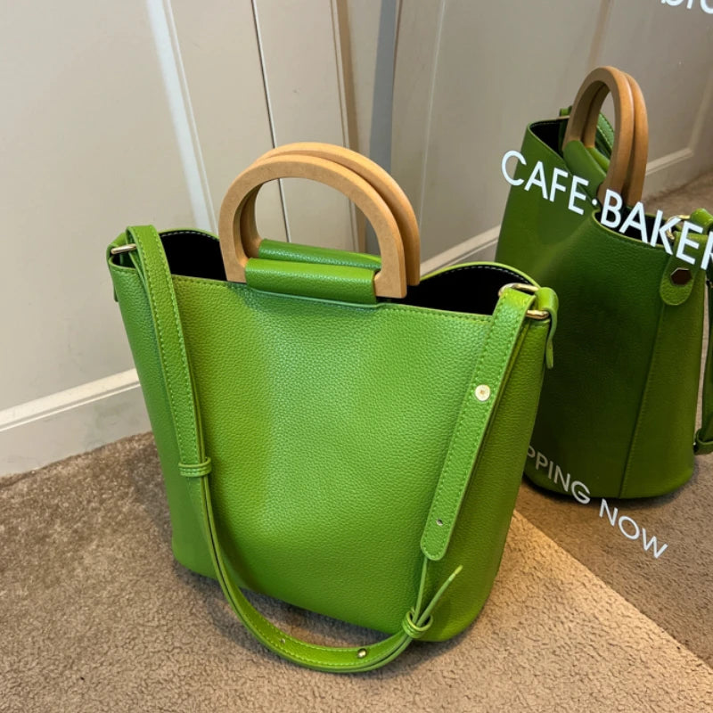 Wood Handle Shoulder Tote Bag for Women