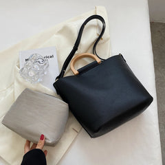 Wood Handle Shoulder Tote Bag for Women