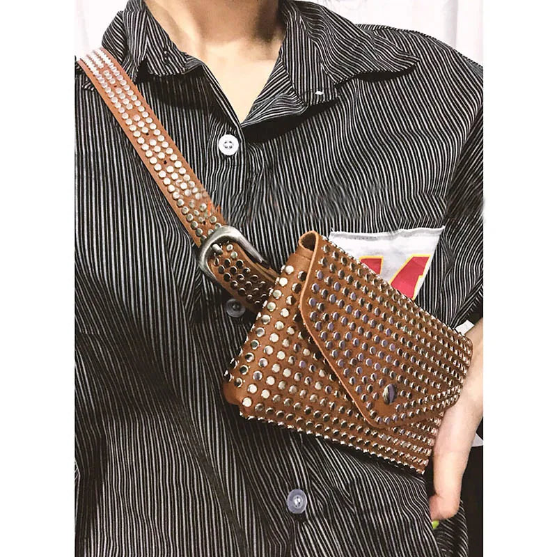Rivet Punk Waist Bag Women Belt Pack Mini Bag Vintage Pu Leather Hip Pocket