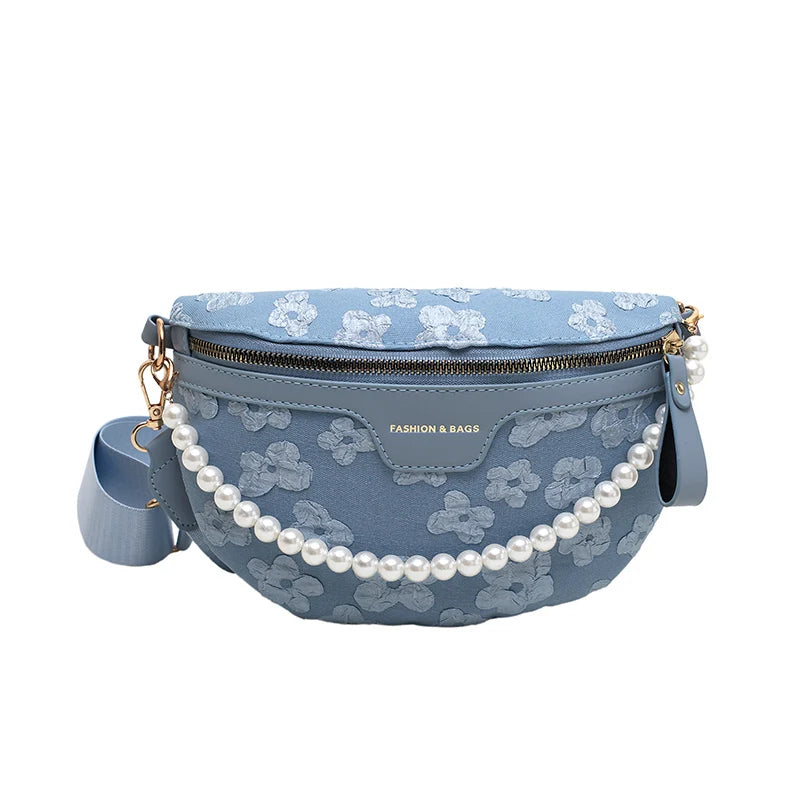 Women's Soft Fabric Beaded Waist Bag Wide Strap Shoulder Crossbody Chest Bags