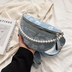 Women's Soft Fabric Beaded Waist Bag Wide Strap Shoulder Crossbody Chest Bags