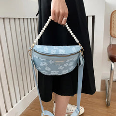 Women's Soft Fabric Beaded Waist Bag Wide Strap Shoulder Crossbody Chest Bags