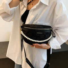 Women's Soft Fabric Beaded Waist Bag Wide Strap Shoulder Crossbody Chest Bags