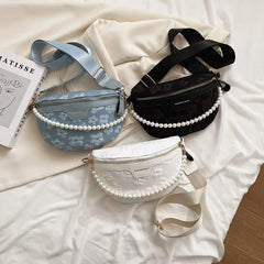 Women's Soft Fabric Beaded Waist Bag Wide Strap Shoulder Crossbody Chest Bags