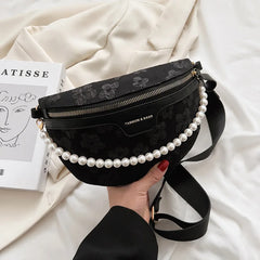 Women's Soft Fabric Beaded Waist Bag Wide Strap Shoulder Crossbody Chest Bags