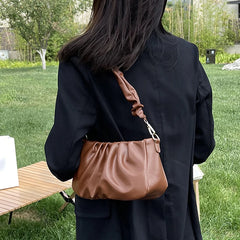 Pleated Cloud Bag For Women PU Leather Underarm Bag Solid Shoulder Bag