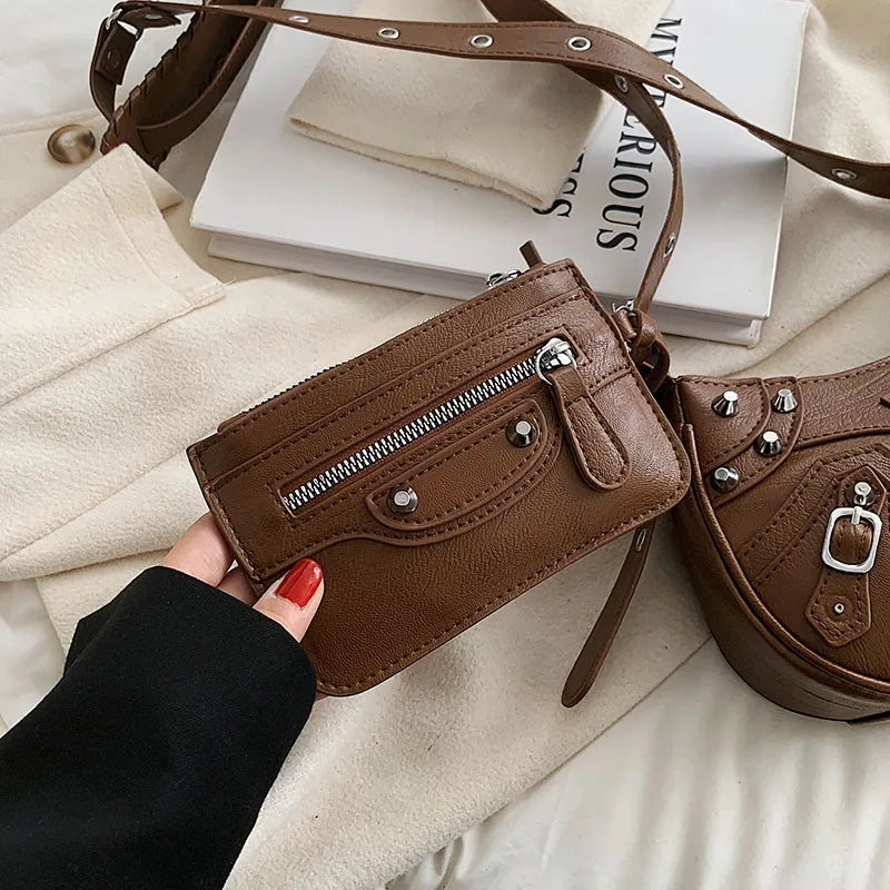 2 Pcs Rivets Crossbody Bags Women Half Moon PU Leather Shoulder Bag