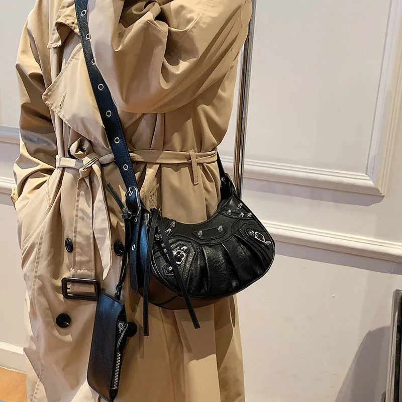 2 Pcs Rivets Crossbody Bags Women Half Moon PU Leather Shoulder Bag