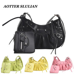 2 Pcs Rivets Crossbody Bags Women Half Moon PU Leather Shoulder Bag