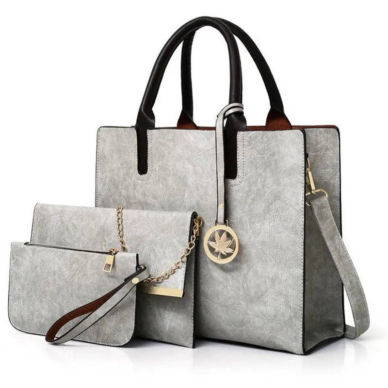 3PCS Women's Bag Set PU Leather Solid Handbag Ladies Messenger Bag