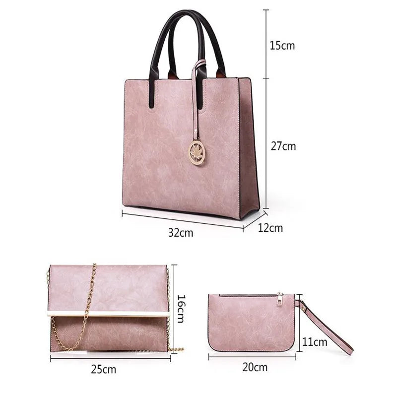 3PCS Women's Bag Set PU Leather Solid Handbag Ladies Messenger Bag