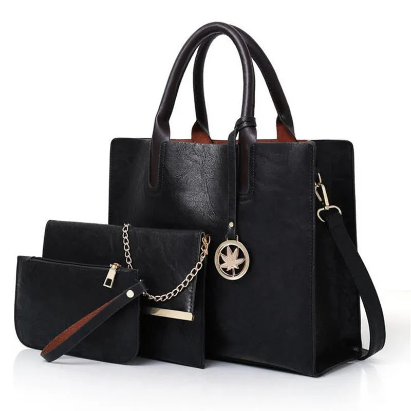 3PCS Women's Bag Set PU Leather Solid Handbag Ladies Messenger Bag