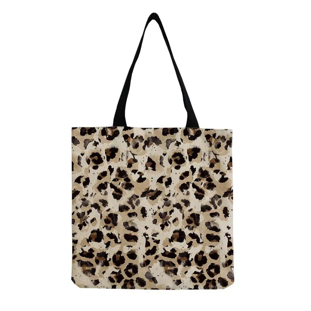 Leopard Print Tote Bag for Women, Large Capacity Linen Fabric Foldable Bag