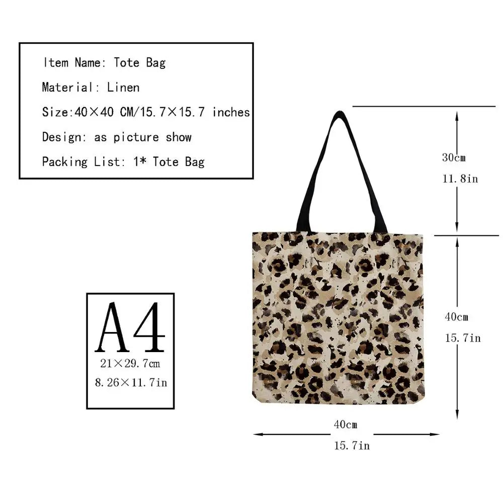Leopard Print Tote Bag for Women, Large Capacity Linen Fabric Foldable Bag