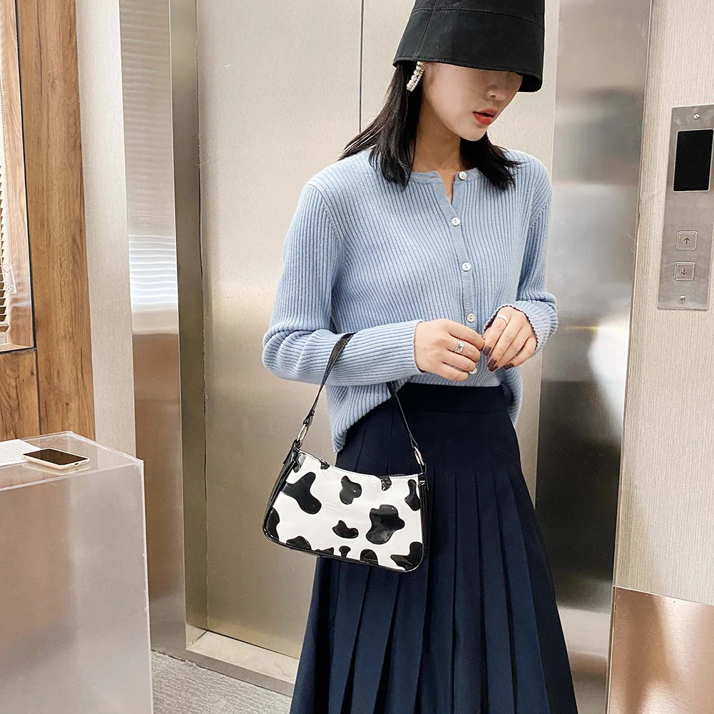 Cow Print Totes Retro PU Leather Travel Shoulder Handbag