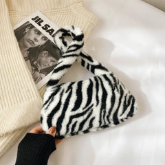 Animal Print Plush Shoulder Bags for Women Winter Furry Ladies Clutch Purse Hand