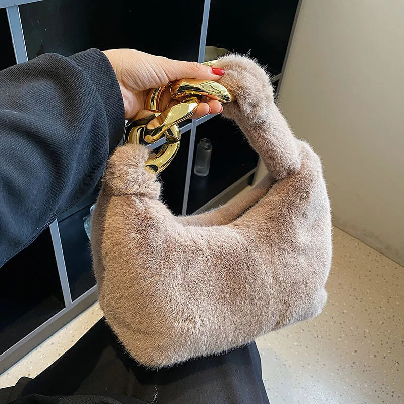 Plush Handbags Western Style Shoulder Bags Chain Texture Underarm Bag