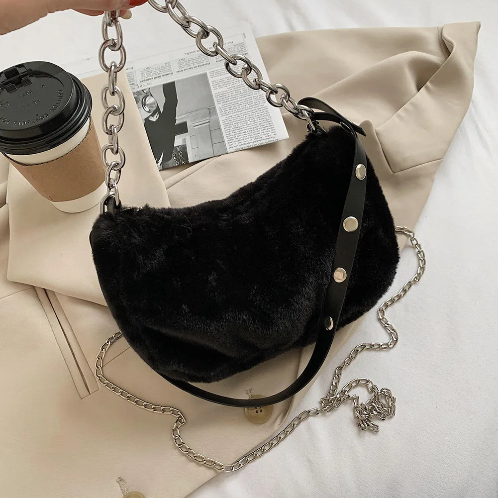 Plush Shoulder Crossbody Bag Purse Women Vintage Solid Travel Street Chain Casua