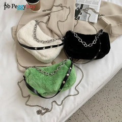 Plush Shoulder Crossbody Bag Purse Women Vintage Solid Travel Street Chain Casua