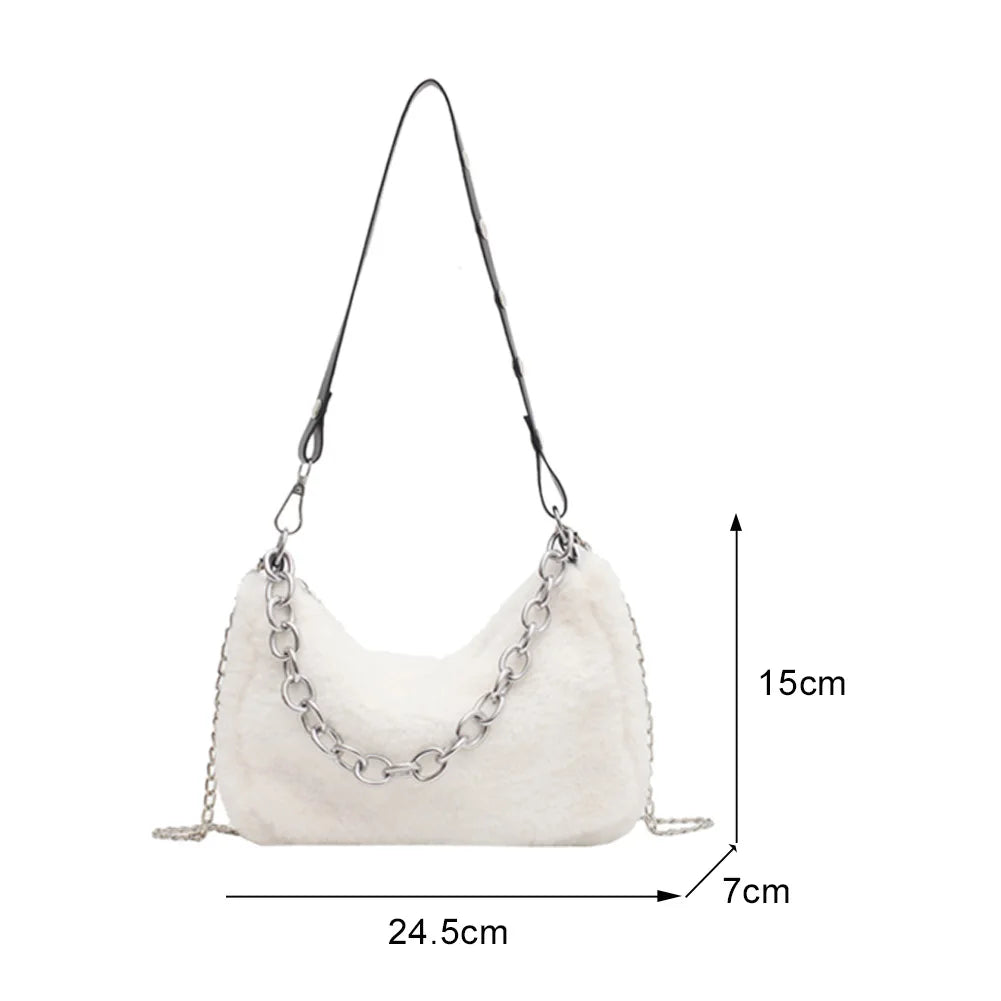 Plush Shoulder Crossbody Bag Purse Women Vintage Solid Travel Street Chain Casua