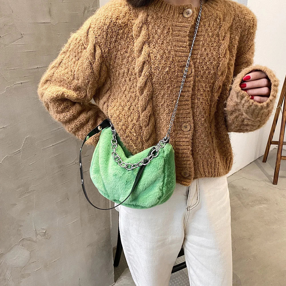 Plush Shoulder Crossbody Bag Purse Women Vintage Solid Travel Street Chain Casua