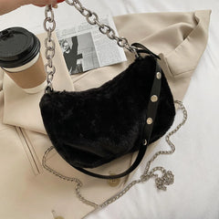 Plush Shoulder Crossbody Bag Purse Women Vintage Solid Travel Street Chain Casua