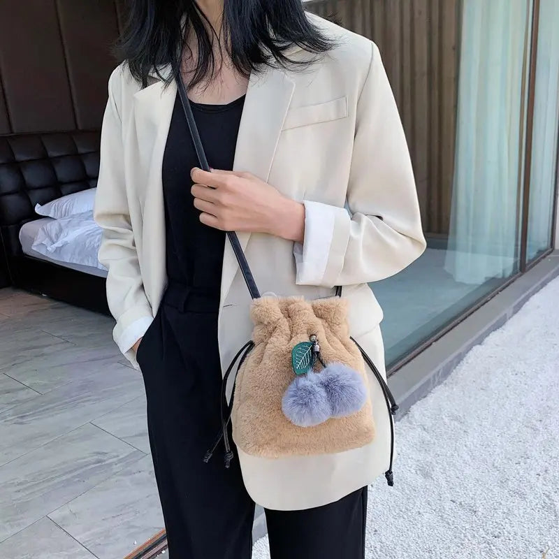 Plush Fur Women Shoulder Bag Crossbody with Fur Ball Tote