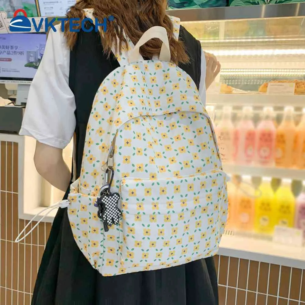 Floral Printed Bookbag Student Rucksack Nylon Daypack for Girls