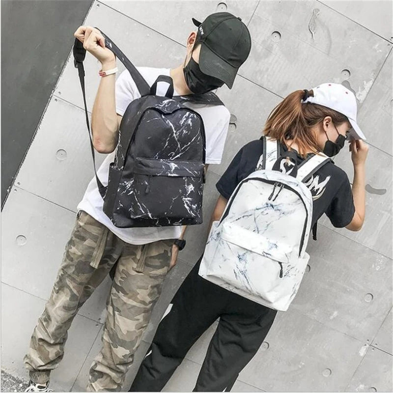 Canvas Backpack Small Fresh Teen Girl Bag Casual Marble Backpacks Women