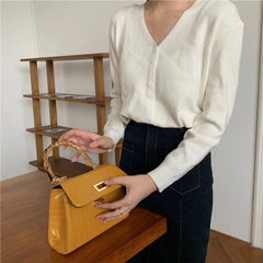 Bamboo Handle Women Handbags Chains Shoulder Bags Stone Pattern Crossbody Bag