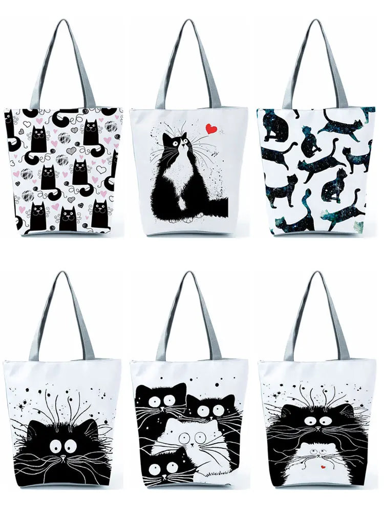 Cartoon Cat Printed Shoulder Bag Eco Reusable Tote Girl Women Gift