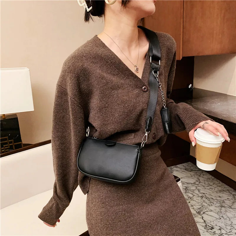 Women Leather Shoulder Bag Wide Strap Messenger Handbag