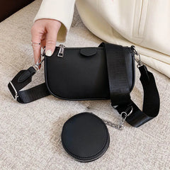 Women Leather Shoulder Bag Wide Strap Messenger Handbag