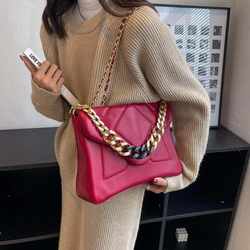 Quilted Flap Shoulder Bag Chain Crossbody Clutch PU Leather Armpit Handbag