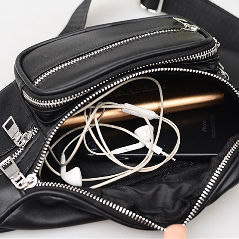 Women PU Leather Chest Fanny Pack Punk Crossbody Bag Chains Waist Pack