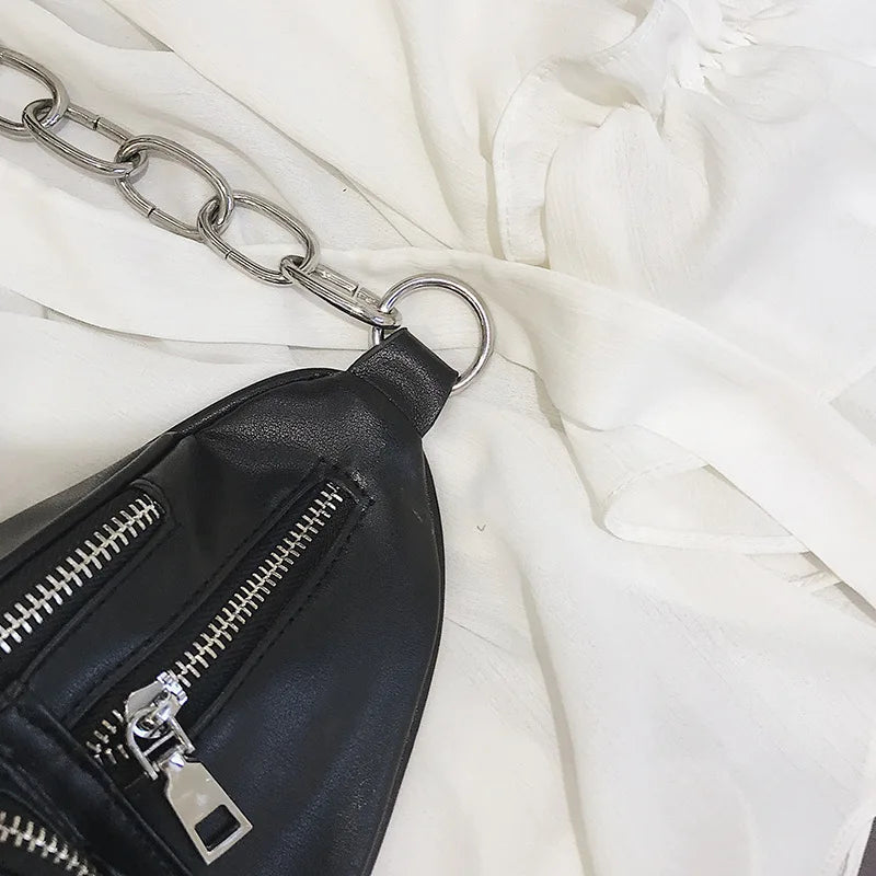 Women PU Leather Chest Fanny Pack Punk Crossbody Bag Chains Waist Pack