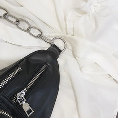 Women PU Leather Chest Fanny Pack Punk Crossbody Bag Chains Waist Pack
