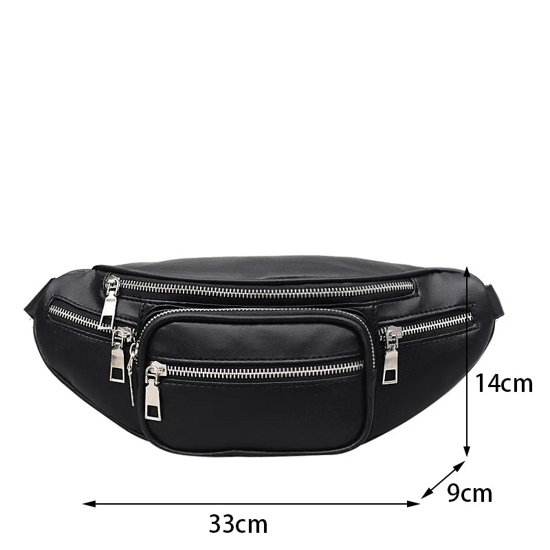 Women PU Leather Chest Fanny Pack Punk Crossbody Bag Chains Waist Pack