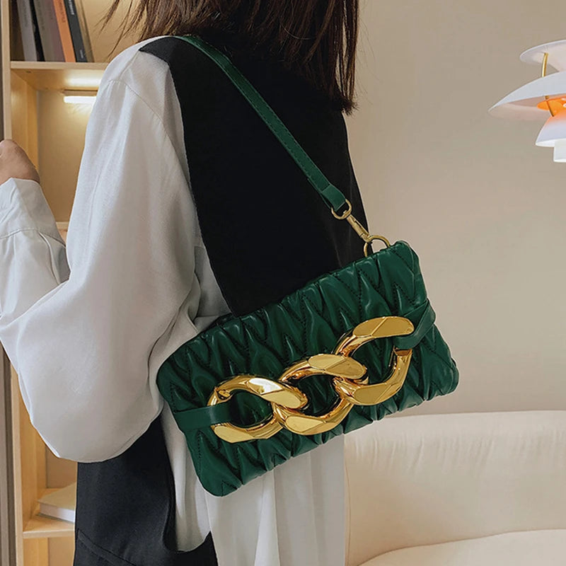 Women Shoulder Bag Pleated Casual Hand Bags Female Leather Quilted Chain Handbag