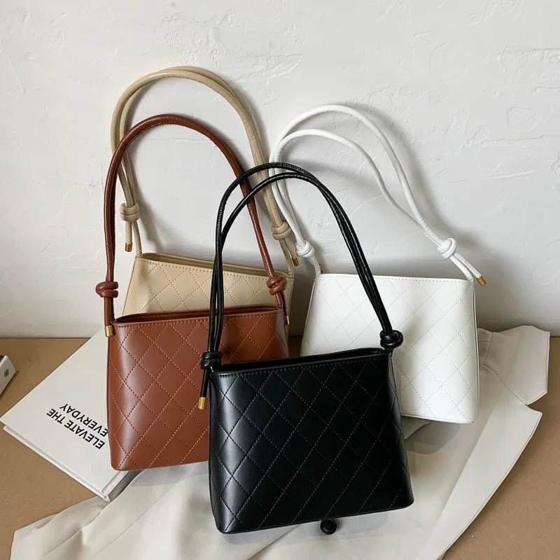 Plaid PU Leather Shoulder Bucket Bag Small Square Messenger Handbag