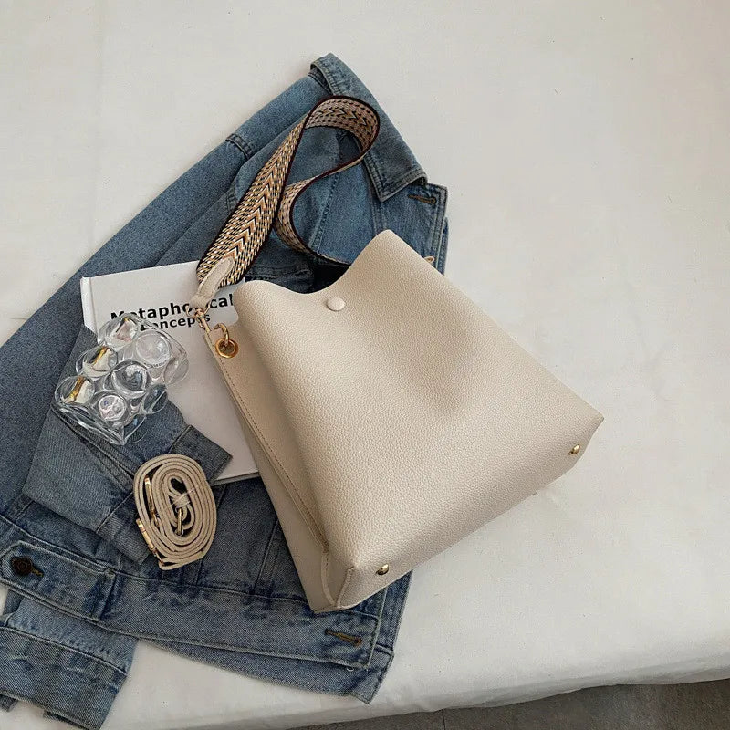 Women's Bucket Bag Soft PU Leather Shoulder Bag Crossbody Tote Wide Strap