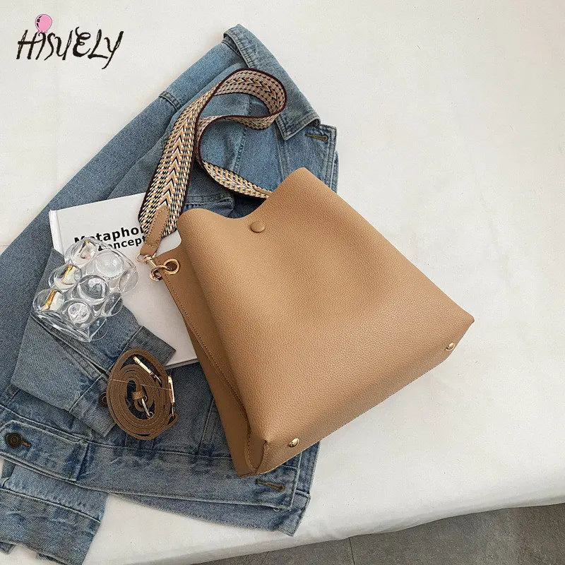 Women's Bucket Bag Soft PU Leather Shoulder Bag Crossbody Tote Wide Strap