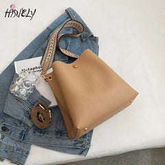 Women's Bucket Bag Soft PU Leather Shoulder Bag Crossbody Tote Wide Strap